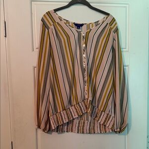 Apt. 9 Olive, Cream and Gray Striped Button-Front Blouse